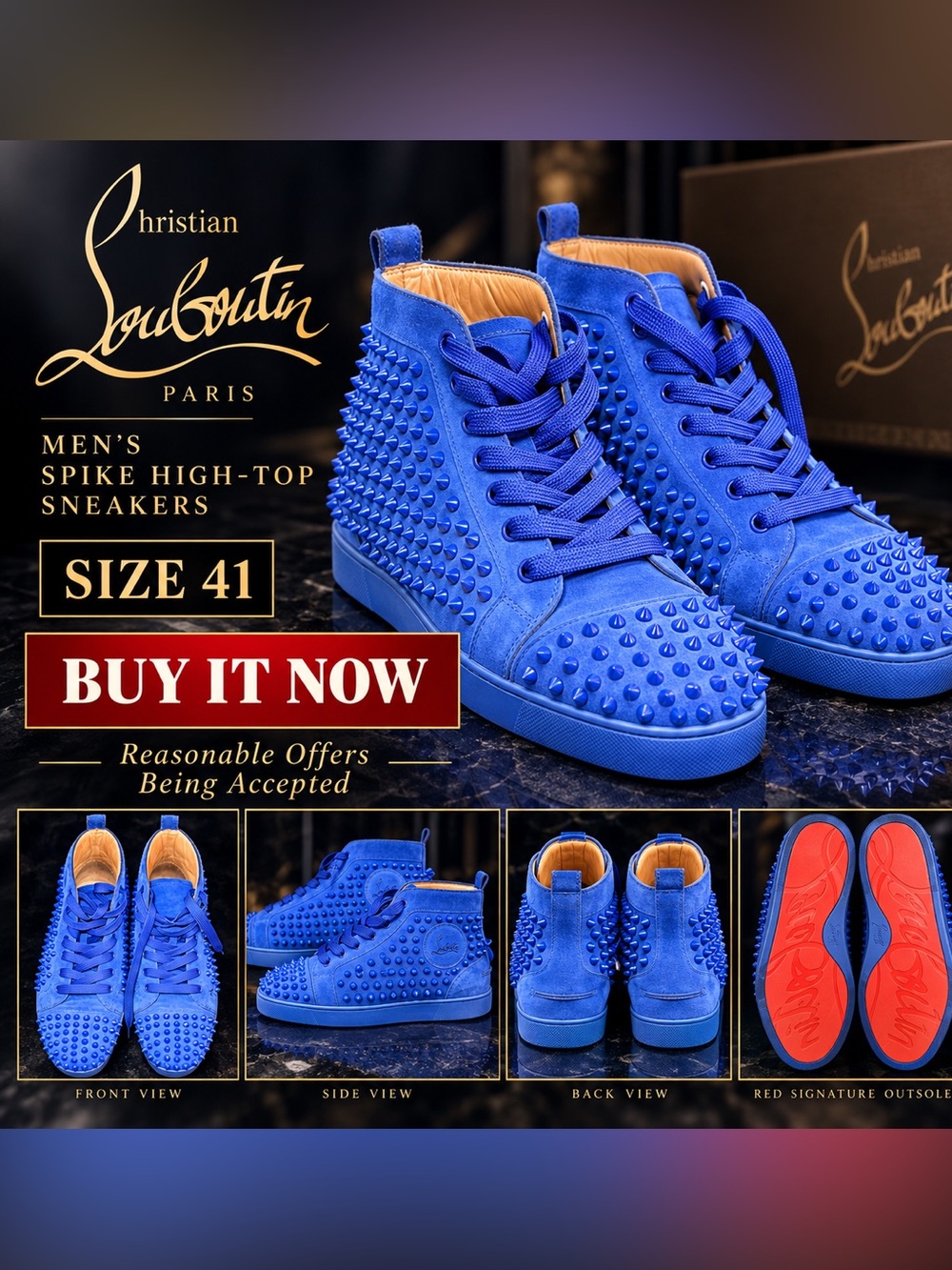 Christian Louboutin Louis Spikes Blue Suede High Top Sneakers Men’s Size 41